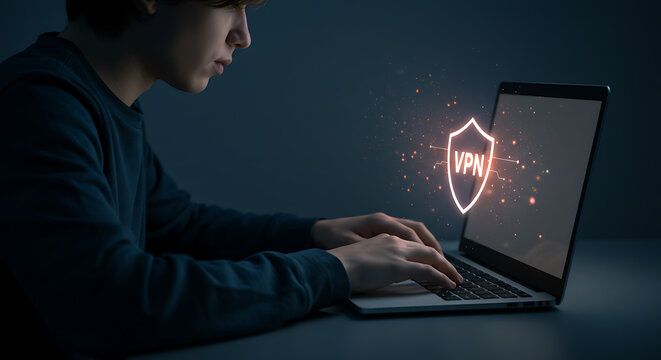 Person browsing securely with VPN icon glowing on screen
