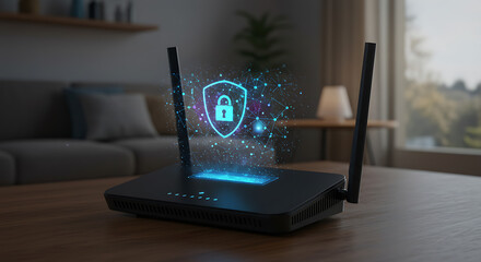 Smart home router glowing with firewall hologram