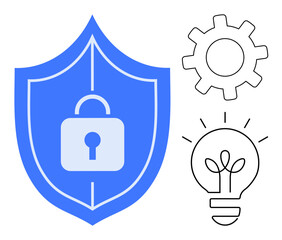 Shield with keyhole lock emphasizing security, gear denoting process optimization, and lightbulb symbolizing innovation. Ideal for technology, cybersecurity, ideation, system design, strategy