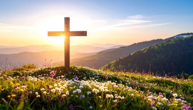 Cruz de madera sobre colina con flores silvestres al amanecer, s&iacute;mbolo de fe, esperanza y renovaci&oacute;n espiritual