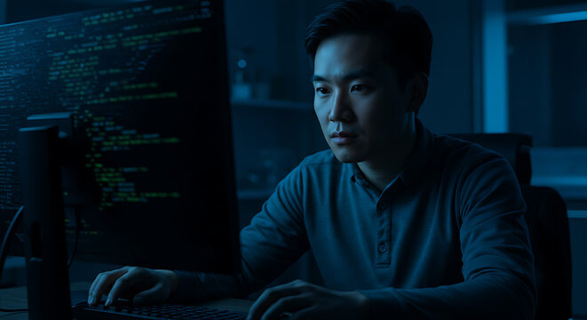 Cybersecurity expert monitoring dark screen with digital code, blue light