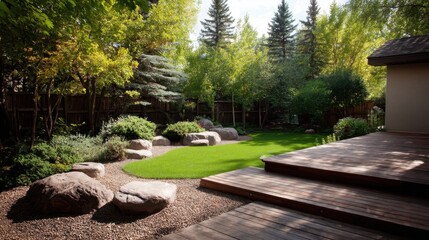 Fototapeta premium Serene Backyard Garden with Lush Green Lawn, Natural Rock Features, and Scenic Trees in a Sunny Environment Perfect for Relaxation and Outdoor Gatherings