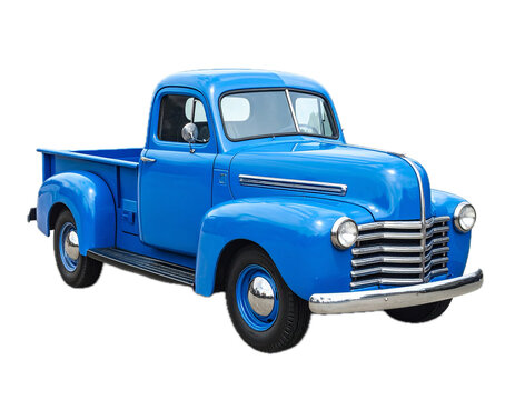 Isolated classic blue pickup truck, vintage American vehicle, antique car, transportation