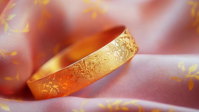 Close-up of a shimmering gold bangle bracelet featuring intricate traditional floral patterns, elegantly displayed on a backdrop of soft pink silk fabric.