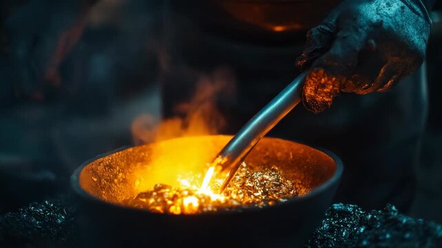 Hands melting and stirring glowing gold metal in a hot crucible during a metallurgy process.