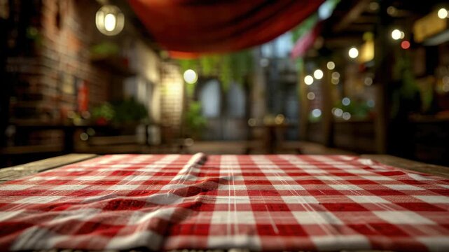 A rustic outdoor dining setup featuring a table with a red and white checkerboard tablecloth, surrounded by string lights. A glimpse of a brick wall in the background suggests a cozy ambiance.