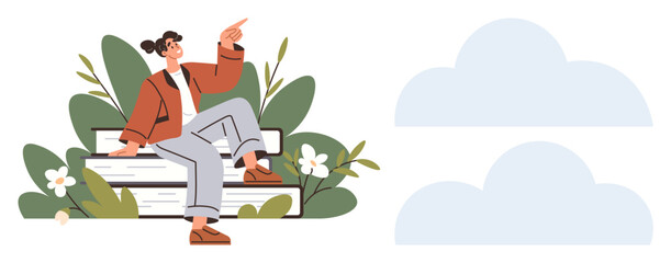 Woman seated on stacked books in a garden, gesturing upwards toward clouds. Ideal for learning, inspiration, imagination, growth, nature, creativity education. A simple flat metaphor