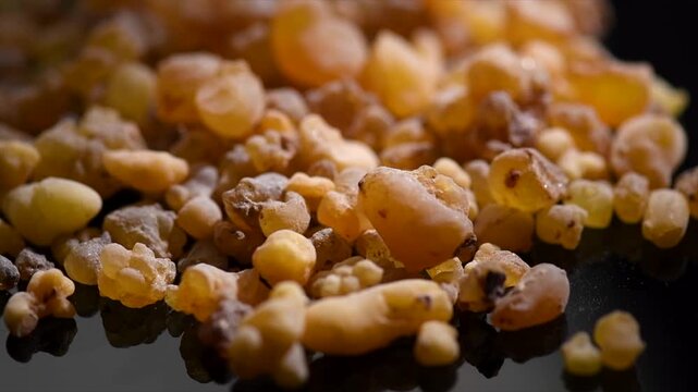 Olibanum Frankincense resin, Boswellia sacra background. Frankincense or olibanum aromatic resin for incense and perfumes, rotating backdrop, design, macro shot, top view. 