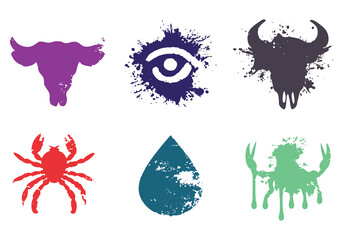 Six unique vector silhouettes displayed on white background. collection includes animal icons and abstract shapes, highlighting artistic expression through bold colors and designs
