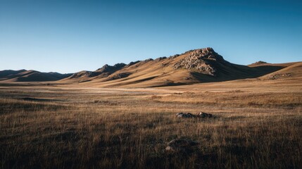 Fototapeta premium Majestic grassland landscape with rocky hills under a clear blue sky, showcasing the beauty of nature in vast open spaces and tranquil environments