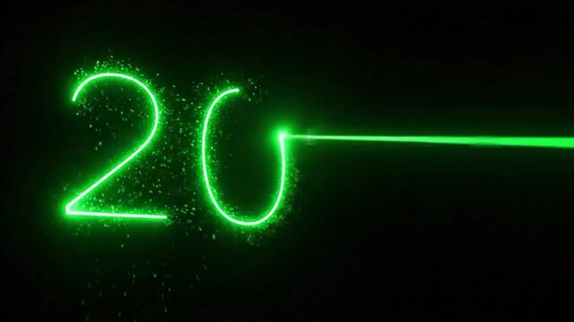 Laser beams etching glowing 2026 typography from dark background, 4K vector