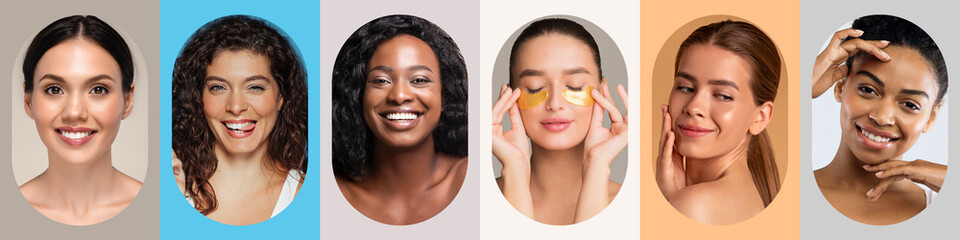 A collage showcases six diverse women smiling and demonstrating various beauty products. Each woman...