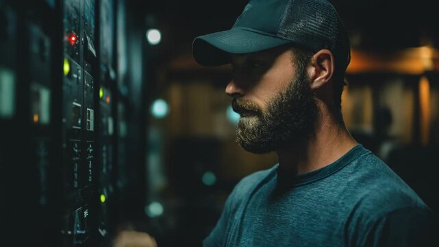 Medium shot of a technician inspecting a battery backup system ensuring uninterrupted power for a home security setup