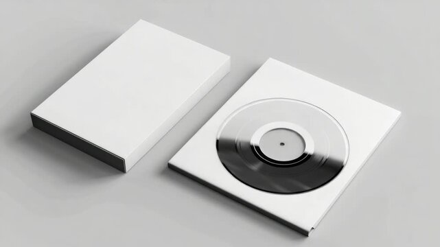 A white record album with a black and white design. The album is on a table. The album is not opened