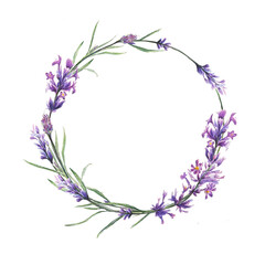 Elegant watercolor lavender wreath on white background. Great for invitations, greeting cards, labels, or logo templates with natural floral style.