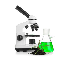 Modern microscope with flask of sample, sprout and soil isolated on white background