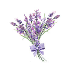 Obraz premium Elegant watercolor lavender bouquet tied with a gingham lilac ribbon on white background. Ideal for stationery, invitations, floral prints, and gift labels.