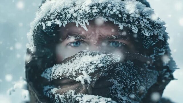 A man bundled up against the cold weather, snowflakes on his face and beard indicate it's snowing