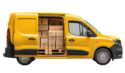 Bright yellow delivery van with open cargo doors filled with stacked cardboard boxes