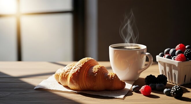 Aromatic morning: Croissant with coffee and fresh berries basked in sunlight for a delightful breakfast indulgence