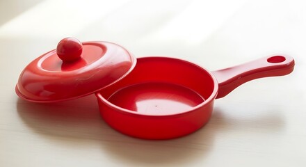 Close-up display of playful bright red toy frying pan and lid, fun game