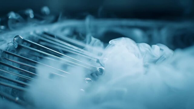 Closeup medium shot of steam spraying over medical instruments for effective heat sanitization emphasizing sterilization and elimination of bacteria.