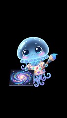 A cartoon jellyfish artist with a paintbrush and a galaxy painting