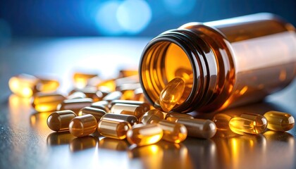 Cápsulas doradas de suplemento nutricional derramadas de un frasco de vidrio ámbar sobre superficie brillante