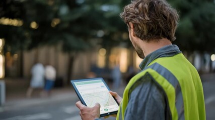 Medium shot of a professional analyzing smart waste management software on a tablet optimizing routes with predictive data for efficient city sanitation services.