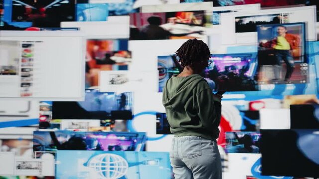 Cheerful young woman using mobile phone to browse internet, looking at surrounded by videos. Smiling african amercian teenager enjoying free time browsing online clips on smartphone, camera A