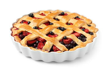 Baking dish with tasty berry pie on white background