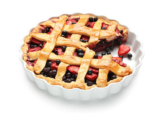 Baking dish with tasty berry pie on white background