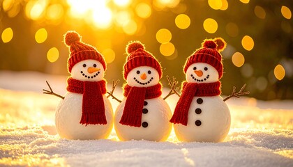 Tres muñecos de nieve con bufandas rojas en paisaje nevado al atardecer