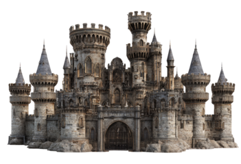 Massive stone castle, aged and imposing.  Many turrets and towers.  Front view