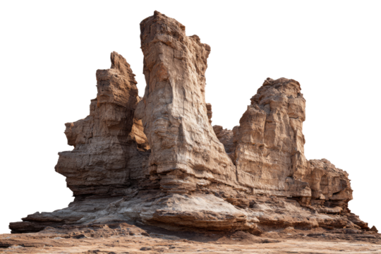 A weathered, light beige rock formation,  tall and craggy,  stands on a flat, sandy plain.  Sharp edges and sculpted shapes