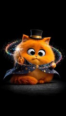 A fluffy orange cat wearing a top hat and cape casting a spell