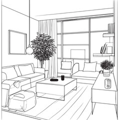 hand drawn vector illustration line art of wireless speaker in a modern living room