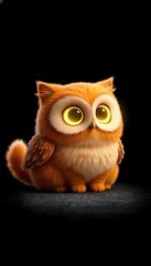 A fluffy orange owl with large yellow eyes sits on a dark surface