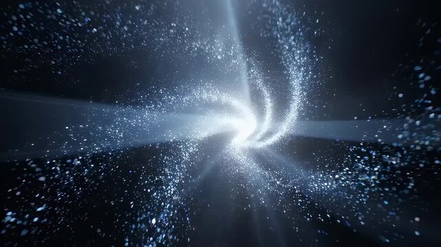 A cosmic swirl of luminous particles, spiraling in a dark void, creating a brilliant center