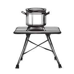 line art illustration on a white background of portable stove on a camping table