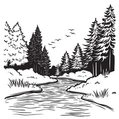 minimalist flat line art vector illustration of a river flowing through a dense forest