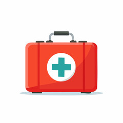 Obraz premium Red first aid kit icon, a portable medical supply box with a green cross for emergency health care and immediate assistance