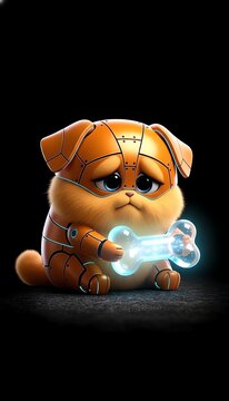 A robotic puppy with orange plating holds a glowing bone