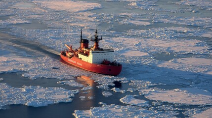 Fototapeta premium Red icebreaker navigates through icy waters of a vast ocean landscape under bright sunlight