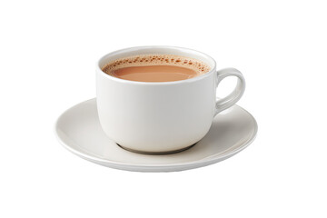 A full shot of a white teacup and saucer, filled with a light brown beverage.  The cup has a handle and sits on a matching saucer.  The drink appears warm