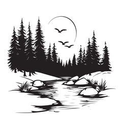 outline vector illustration in doodle style of river flowing through the forest