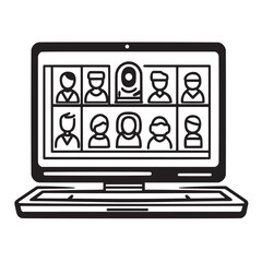 outline vector illustration in doodle style of webcam showing a virtual meeting