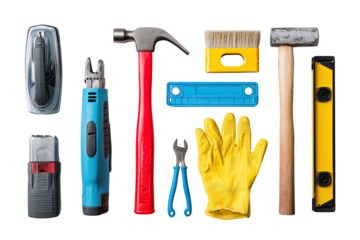 Assorted work tools laid out on a black background. Various colors and types of hand tools, including hammers, a scraper, a power tool, pliers.