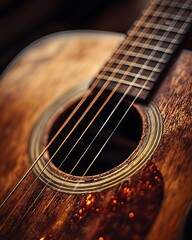 Obraz premium Wooden guitar closeup with string details high resolution picture