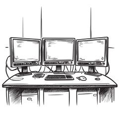 simple flat line art outline design of widescreen monitors in a command center